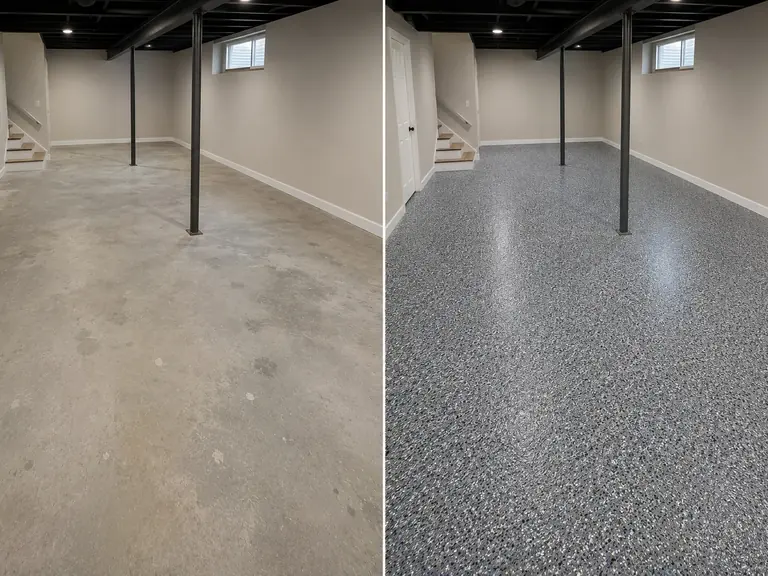 Blue gray white silver and charcoal basement floor coating in Cedar Rapids Iowa