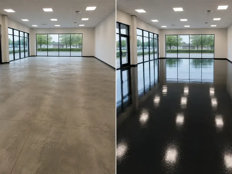 Deep black solid gloss showroom floor coating in Cedar Rapids Iowa