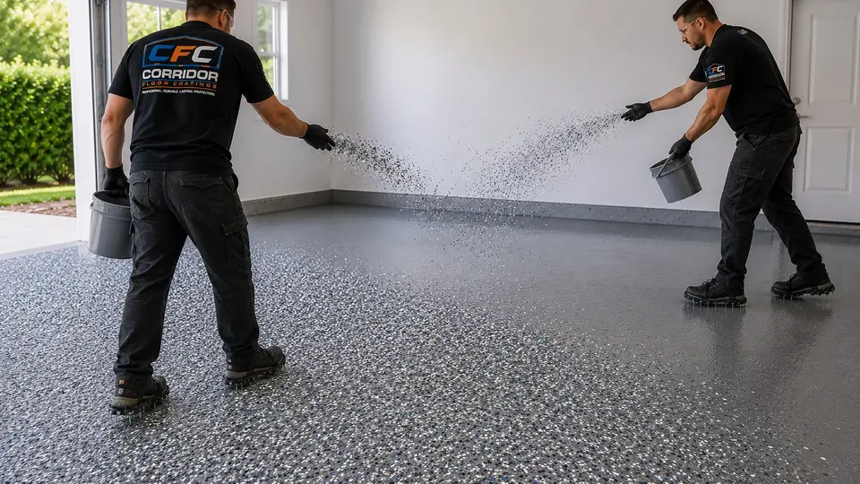 Corridor Floor Coatings crew installing a decorative finish over professionally prepared concrete in Eastern Iowa