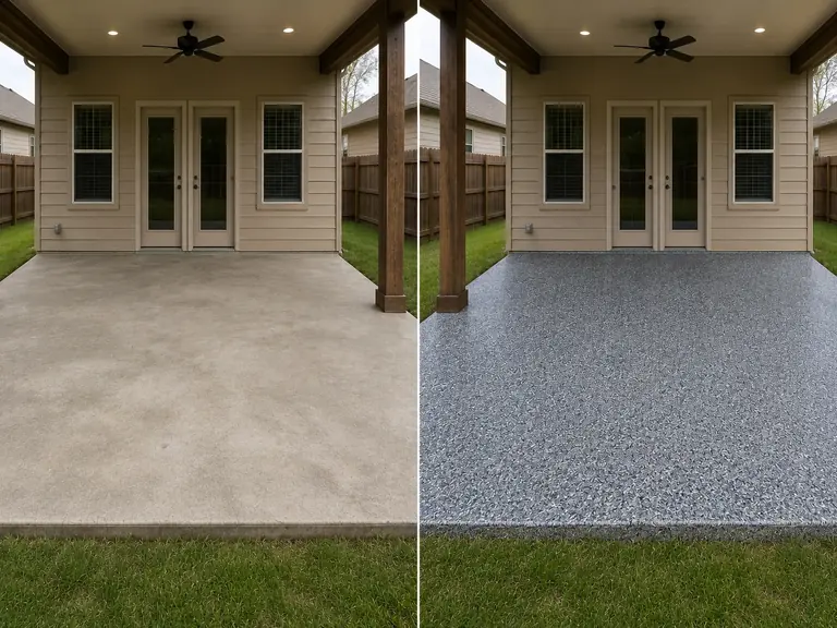 Blue gray white and charcoal exterior patio coating in Hiawatha Iowa