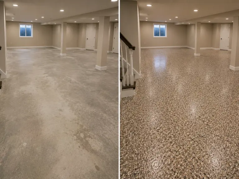 Mocha decorative basement floor before and after in Hudson Iowa