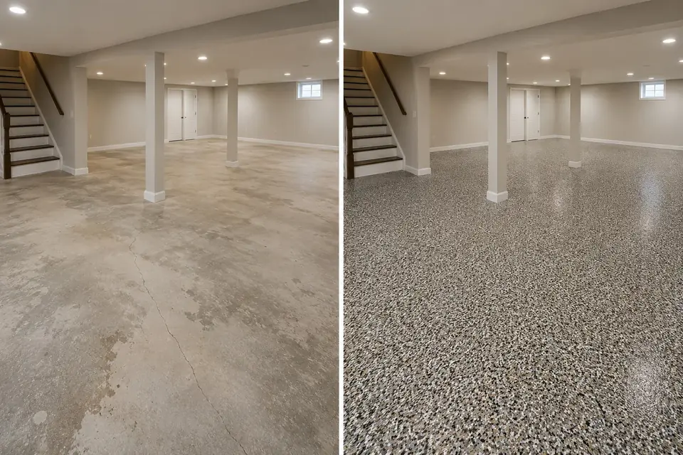 Granite flake basement floor coating before and after in Asbury Iowa