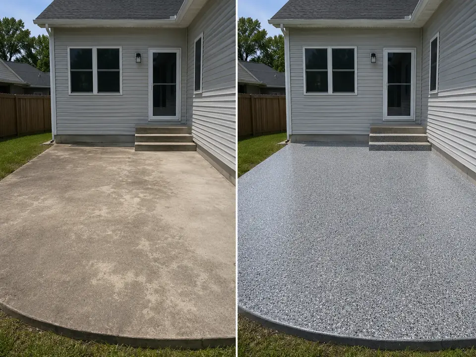 Outdoor patio flake floor coating before and after in Le Claire Iowa