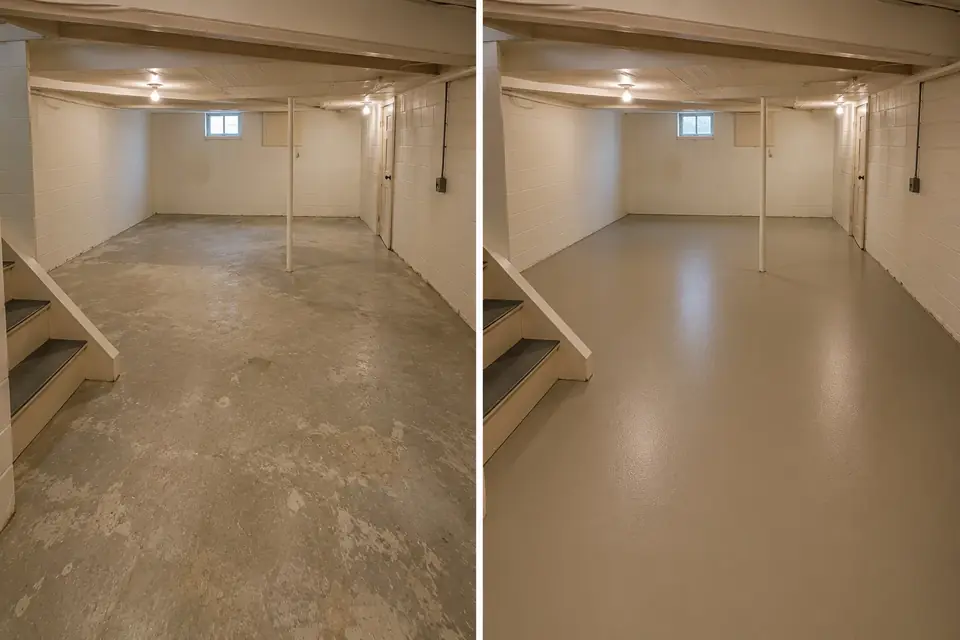 Greige basement floor coating before and after in Waverly Iowa