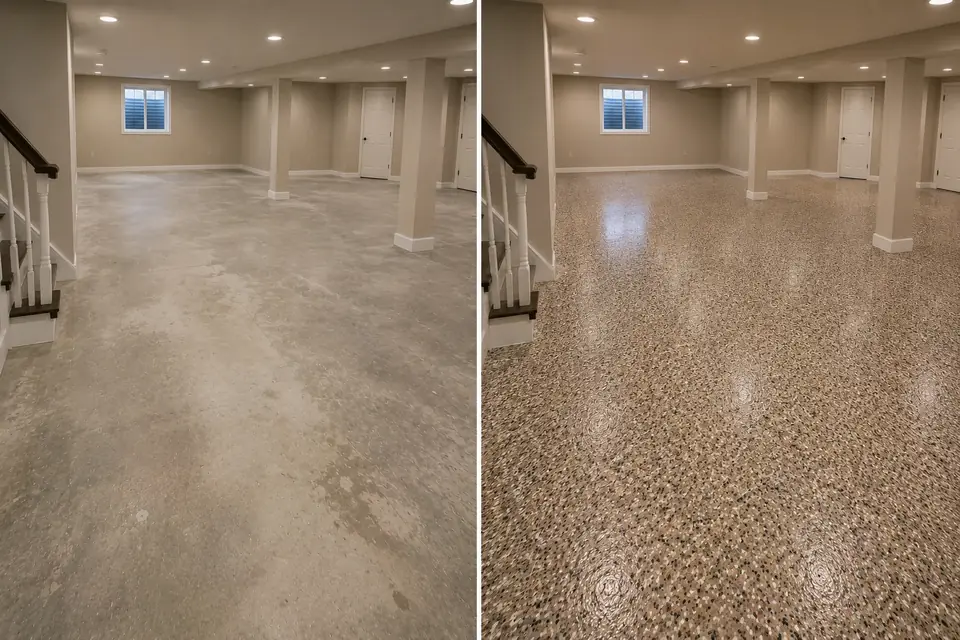 Before and after Hudson Iowa basement with a mocha decorative flake floor coating