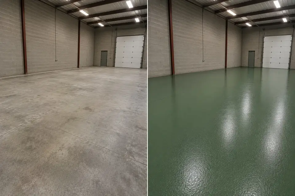 Solid industrial green epoxy shop floor coating in Marion Iowa