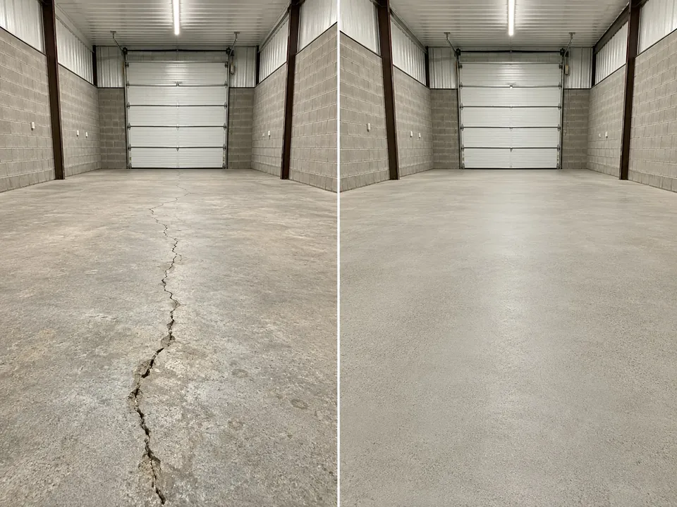 Shop floor crack preparation before epoxy floor coating in Eastern Iowa