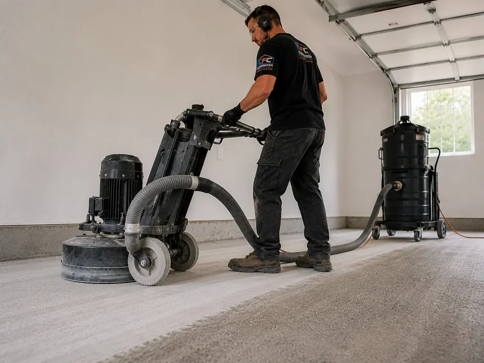 Mechanical concrete grinding and surface preparation before an Eastern Iowa floor coating system