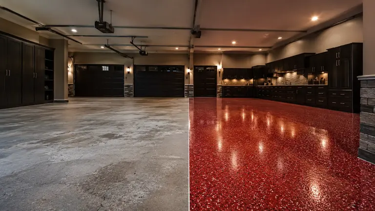 Bold red decorative garage floor coating transformation in Kalona Iowa