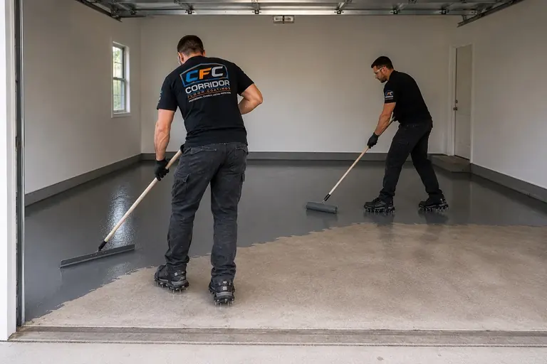 Two workers applying a garage floor coating during an Eastern Iowa installation