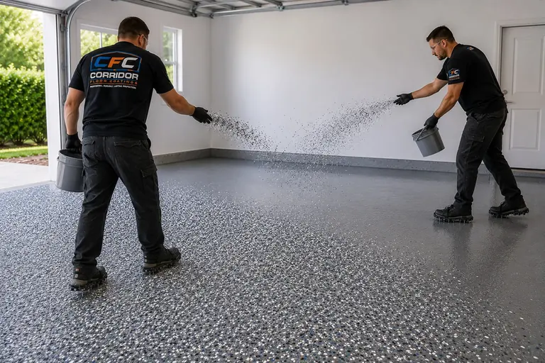 Two workers broadcasting decorative flake during an Eastern Iowa floor coating installation