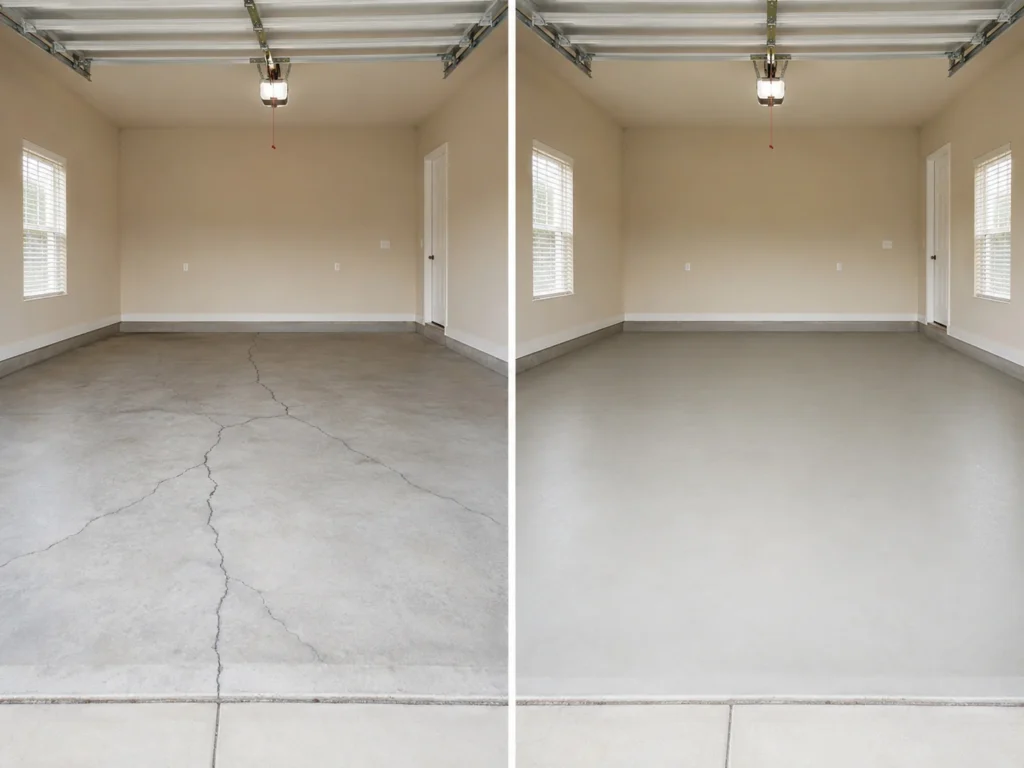 Amana garage floor before and after professional crack preparation and floor coating