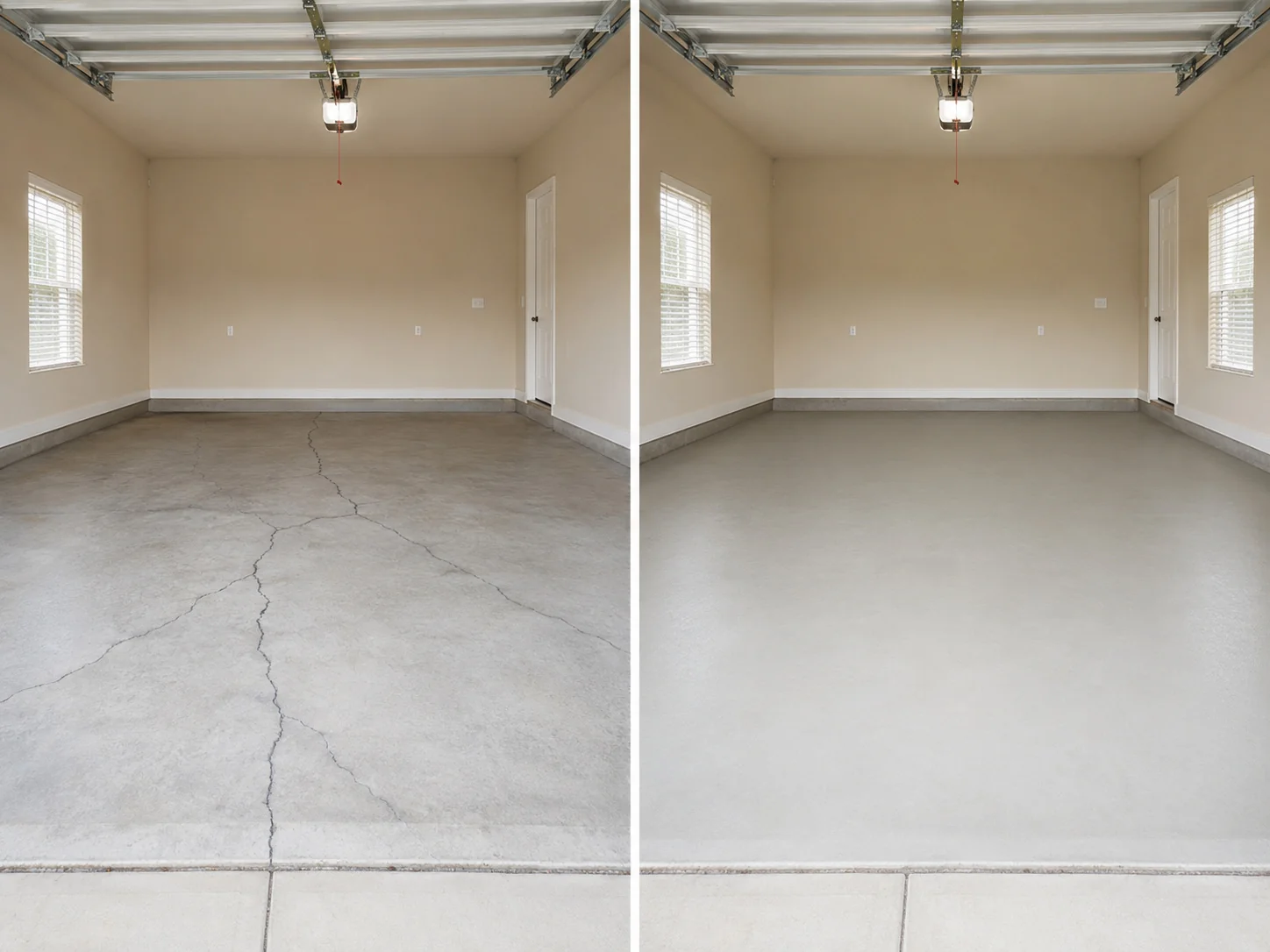 Amana Iowa garage floor before and after professional crack preparation and a finished floor coating