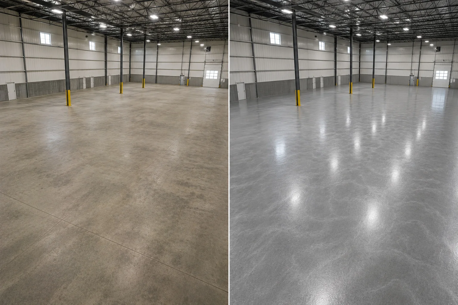 Metallic silver epoxy floor coating in an Amana Iowa warehouse