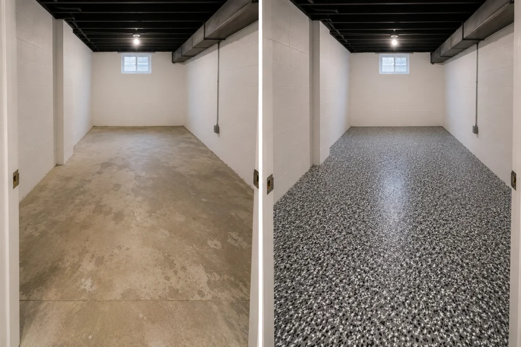 Black and White Flake Basement Floor Coating Before and After in Anamosa, Iowa