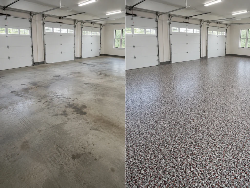Gray and Red Flake Garage Floor Coating Before and After in Anamosa, Iowa