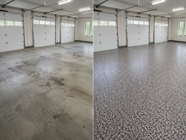 Gray and Red Flake Garage Floor Coating Before and After in Anamosa, Iowa