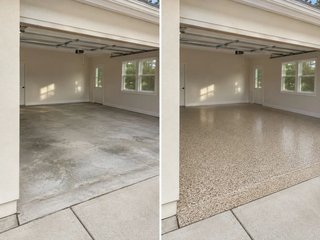Beige and Brown Flake Garage Floor Coating Before and After in Asbury, Iowa