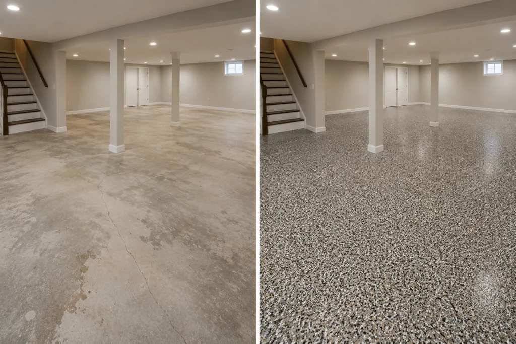 Granite flake basement floor coating before and after in Asbury Iowa