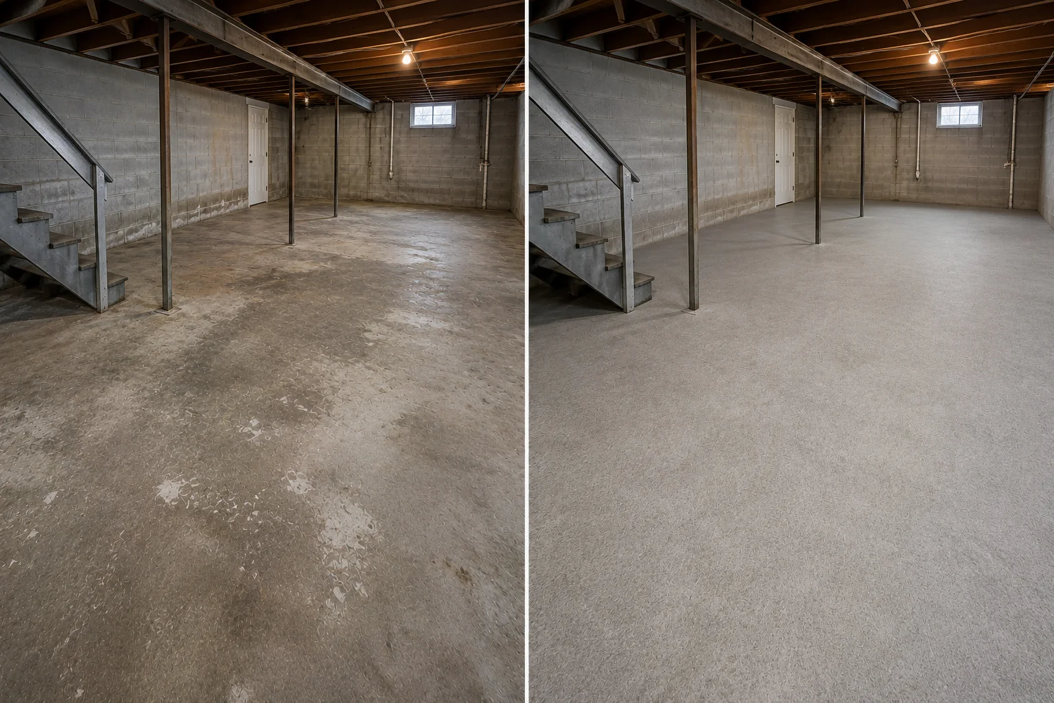 Professional basement concrete surface preparation before floor coating installation in Atkins Iowa