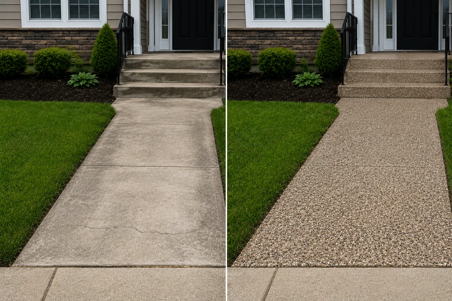 Bertram front landing and connected walk transformed with a terracotta black cream and brown decorative flake coating