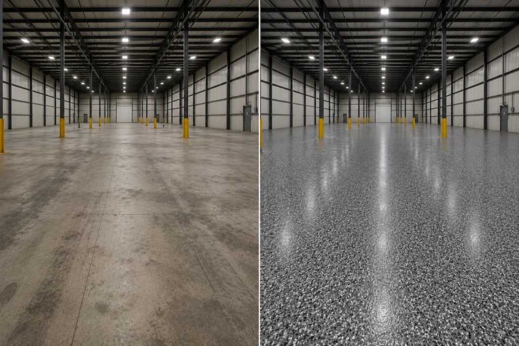 Bertram Iowa warehouse with a charcoal black white and gray decorative flake floor coating