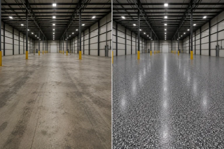 Nearby Bertram floor with a charcoal black white and gray decorative flake epoxy coating