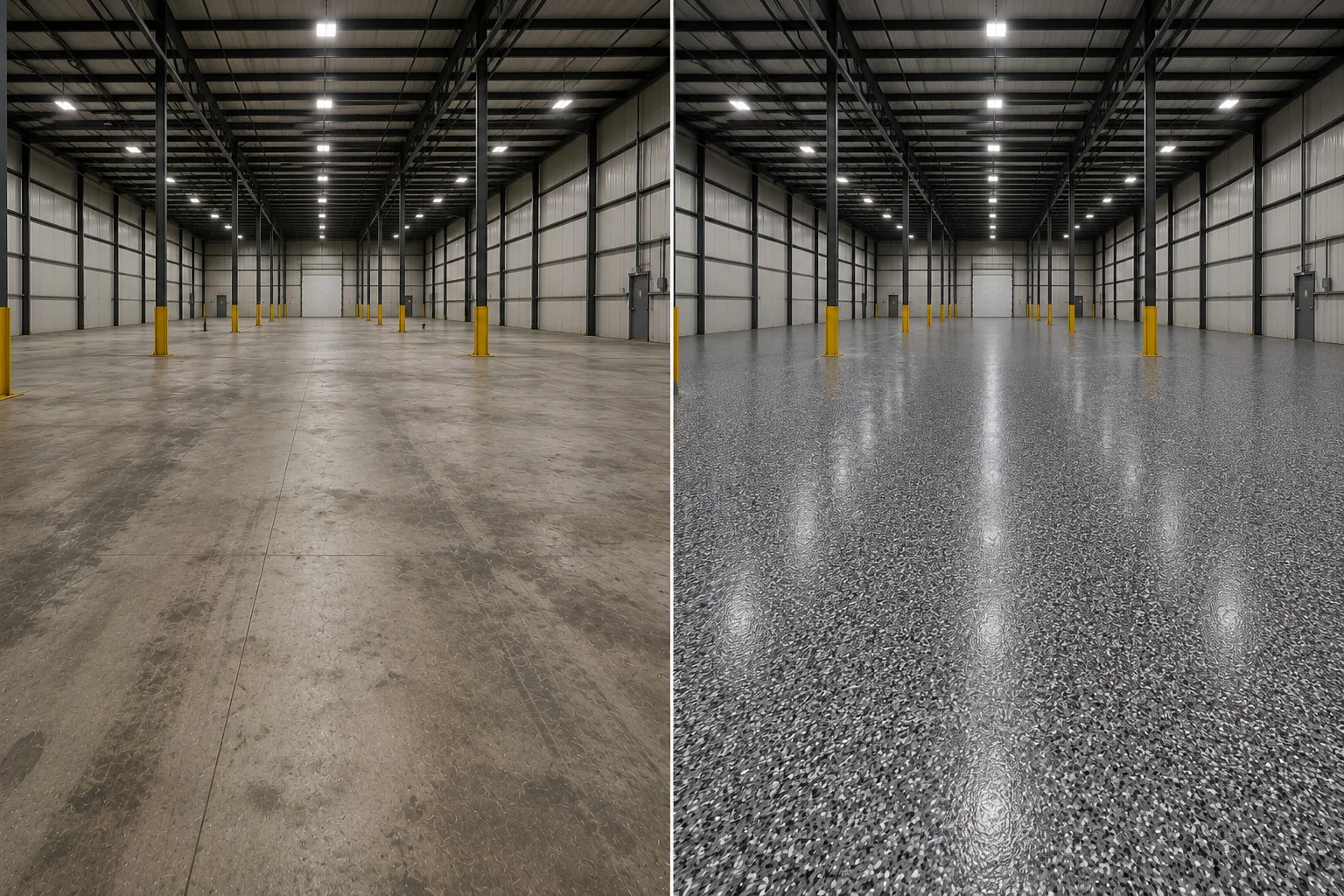 Bertram Iowa warehouse finished with a charcoal black white and gray decorative flake floor coating