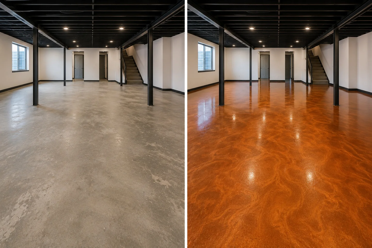Orange and copper metallic basement floor coating before and after in Bettendorf Iowa