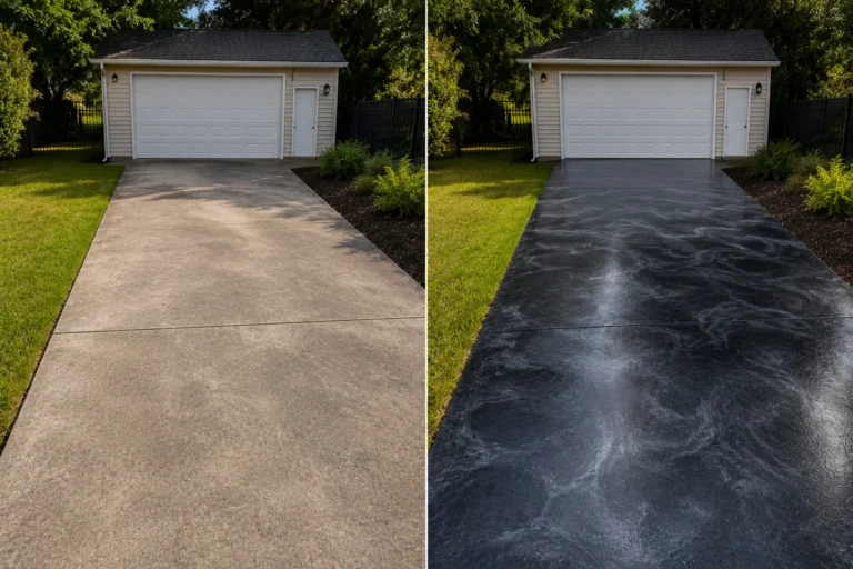Nearby Cedar Falls detached garage with a black metallic and smoky gray epoxy floor coating