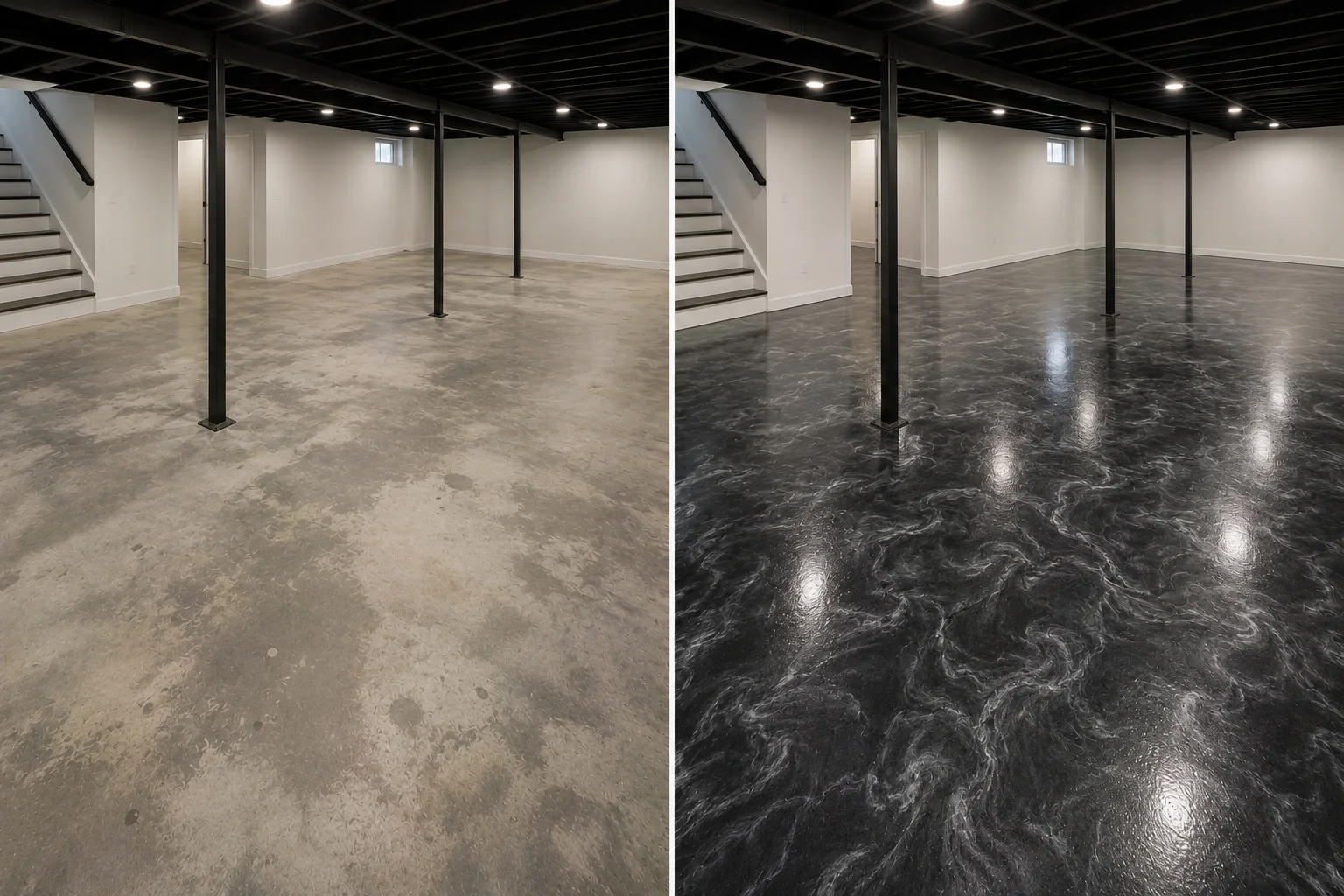 Black metallic smoky silver basement epoxy floor coating in Cedar Rapids Iowa