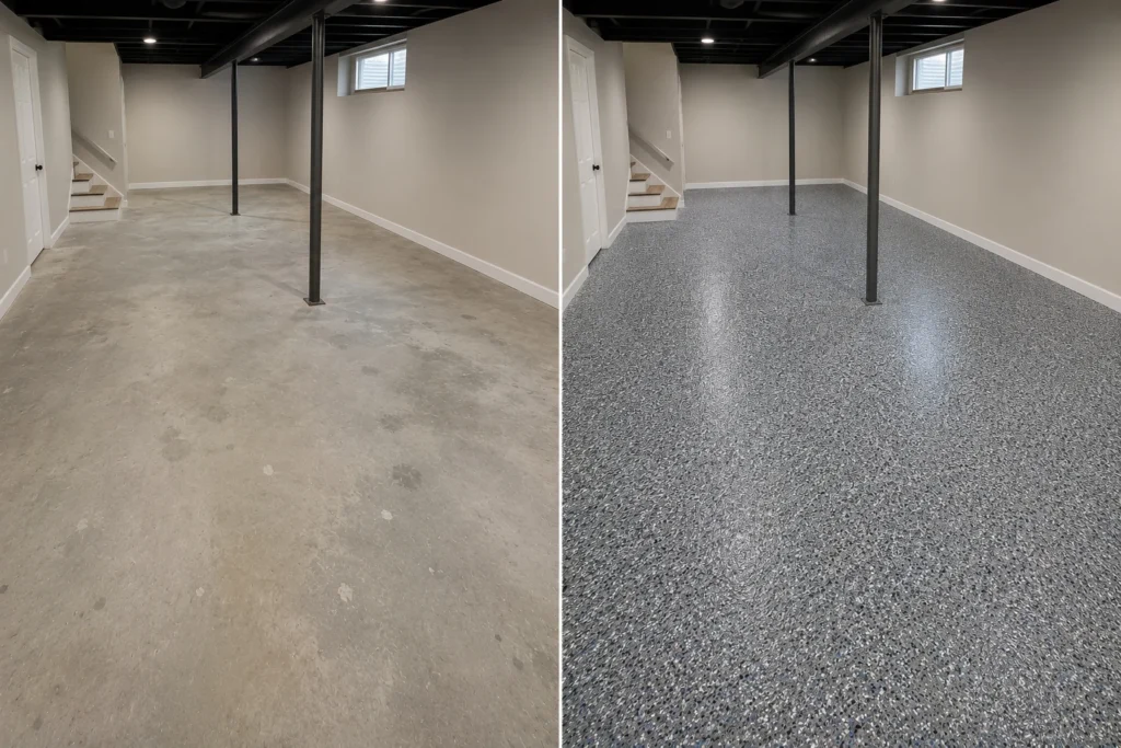 Blue gray white silver and charcoal basement floor coating in Cedar Rapids Iowa