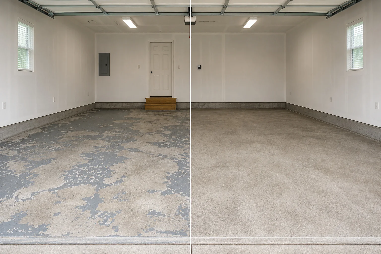 Cedar Rapids garage before old floor paint removal and after a professional decorative coating