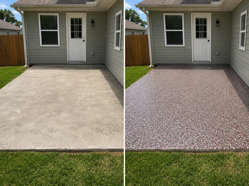 Backyard patio concrete transformed with a red black white and gray decorative flake coating in Cedar Rapids Iowa