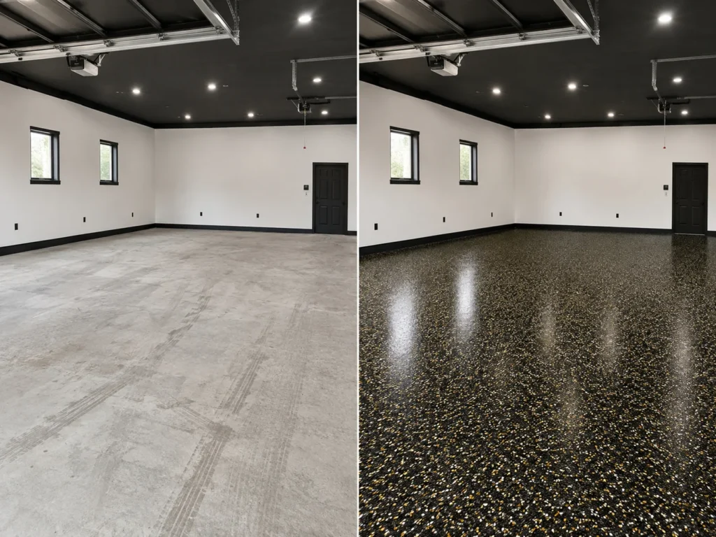 Black and Gold Flake Garage Floor Coating Before and After in Cedar Rapids, Iowa