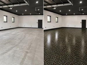 Black and Gold Flake Garage Floor Coating Before and After in Cedar Rapids, Iowa