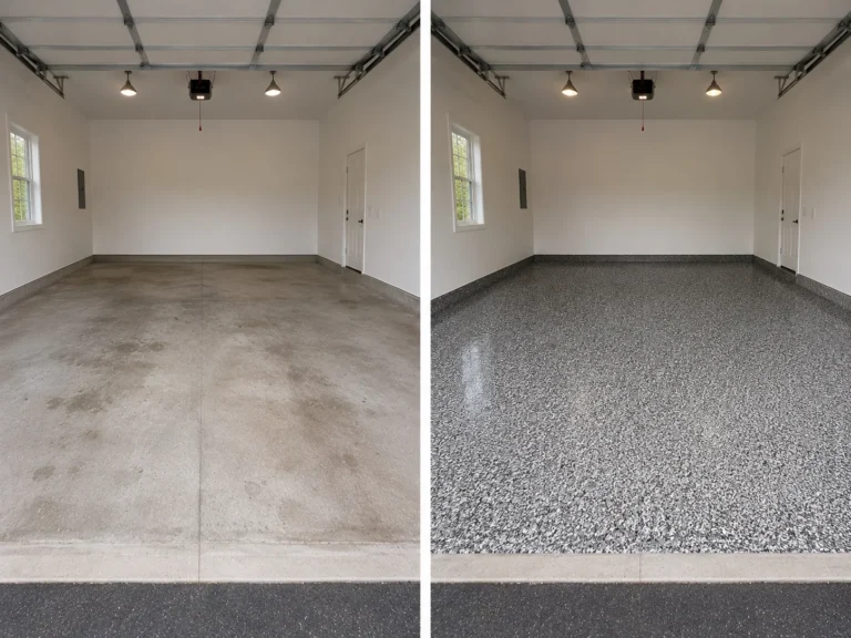 Gray decorative flake garage floor coating transformation in Cedar Rapids Iowa