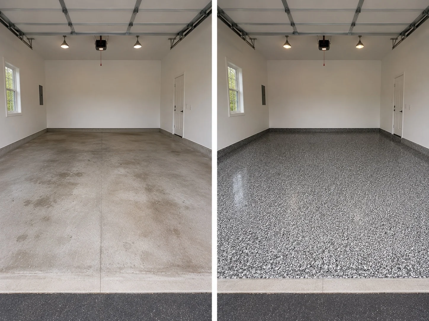 Gray decorative flake garage floor coating transformation representing Corridor Floor Coatings service across Eastern Iowa