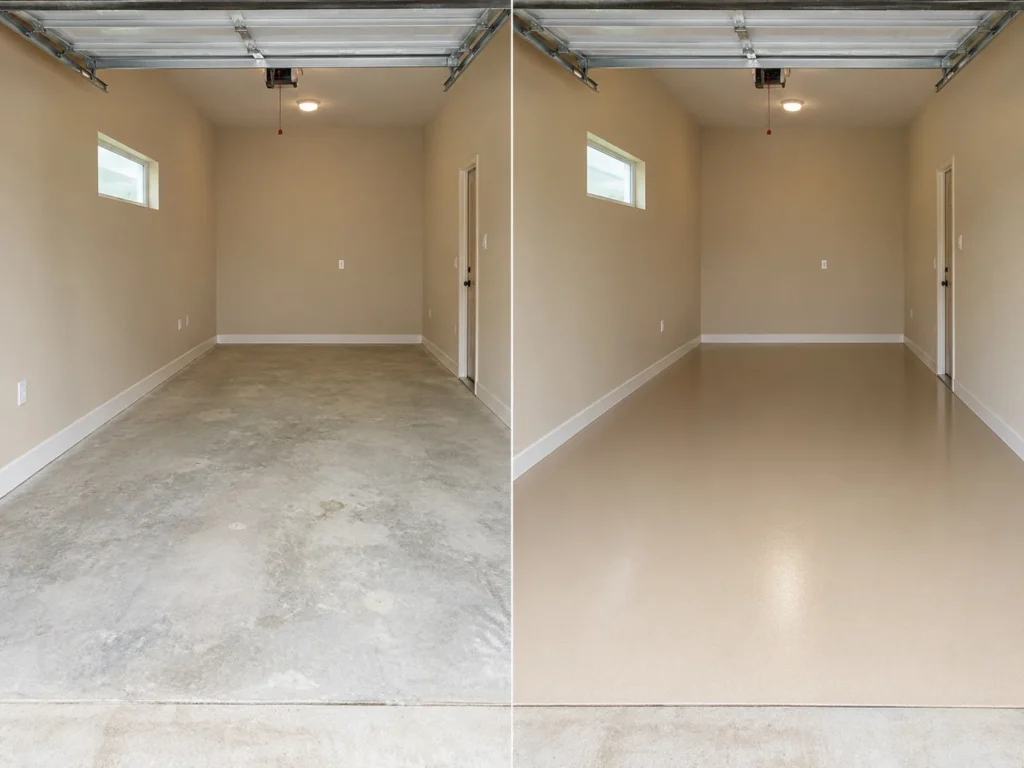 Light Tan Solid Garage Floor Coating Before and After in Cedar Rapids, Iowa