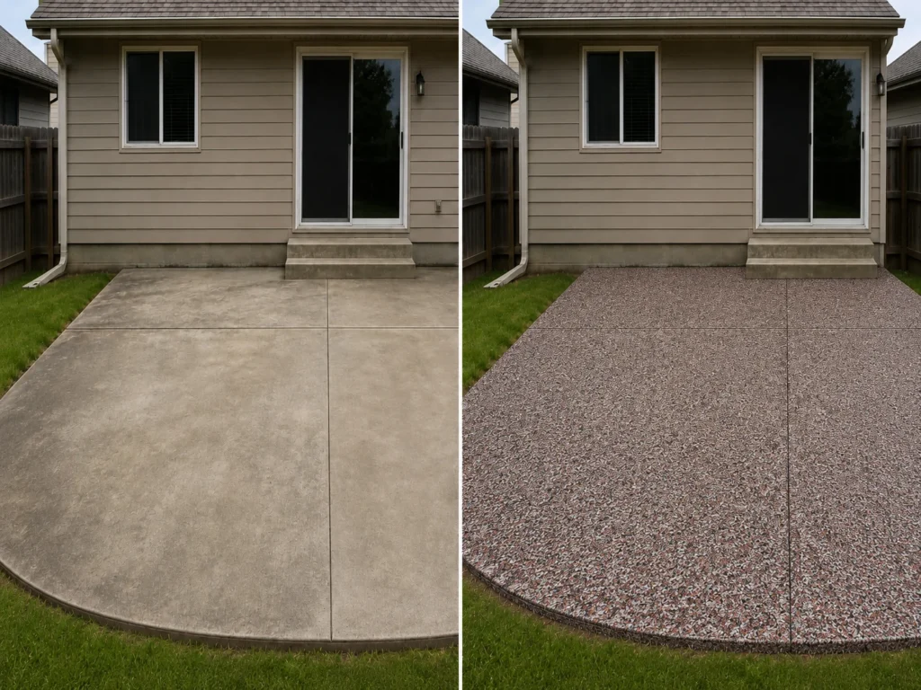 Patio concrete coating with red black white gray flake finish before and after in Cedar Rapids, IA
