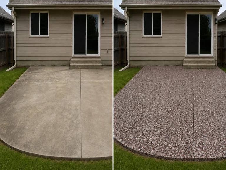 Patio concrete coating with red black white gray flake finish before and after in Cedar Rapids, IA