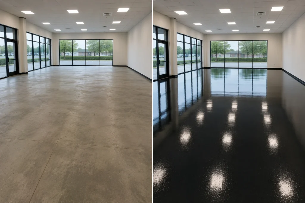 Deep black solid gloss showroom floor coating in Cedar Rapids Iowa