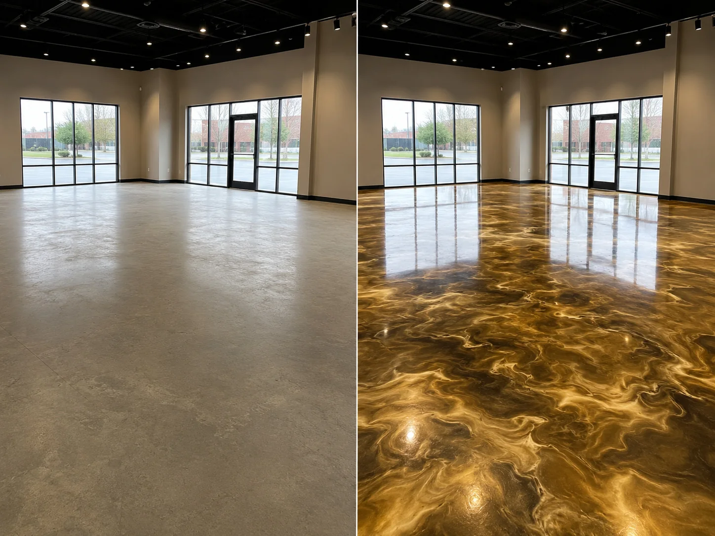 Gold bronze metallic showroom floor coating in Cedar Rapids Iowa