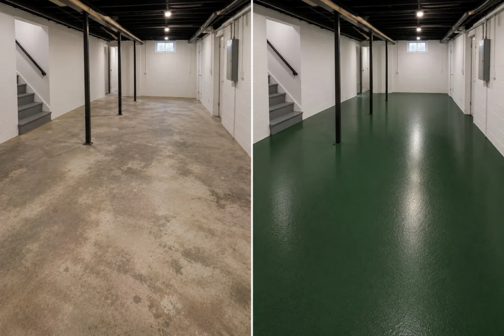 Forest green basement epoxy floor coating in Clarence Iowa