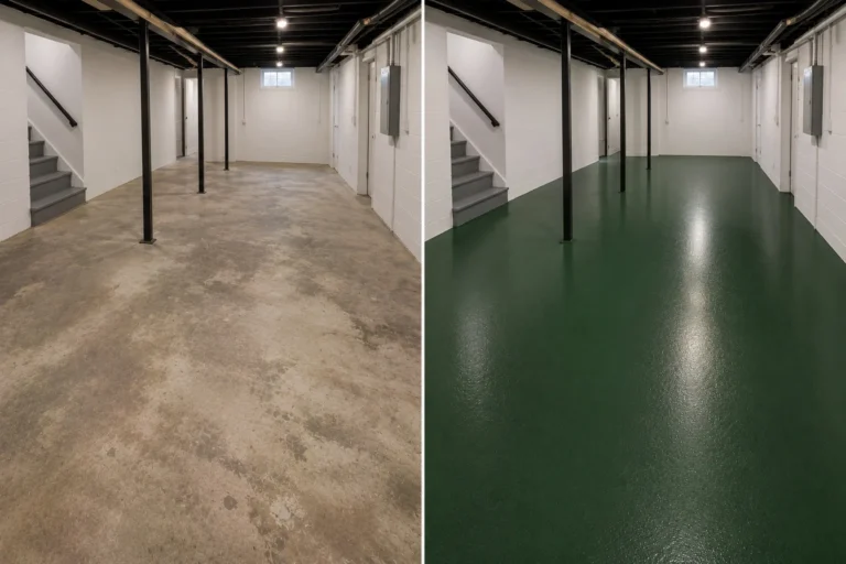 Forest green basement epoxy floor coating in Clarence Iowa