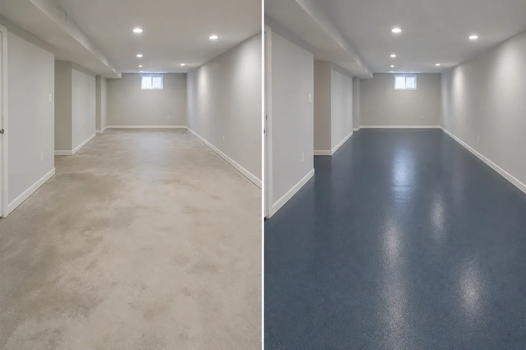 Basement epoxy floor coating with deep slate blue finish before and after in Coralville, IA