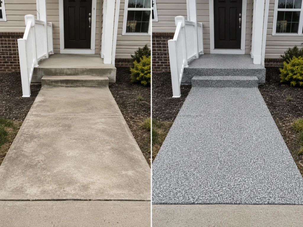 Coralville front porch and arrival area finished with gray charcoal and black decorative flake
