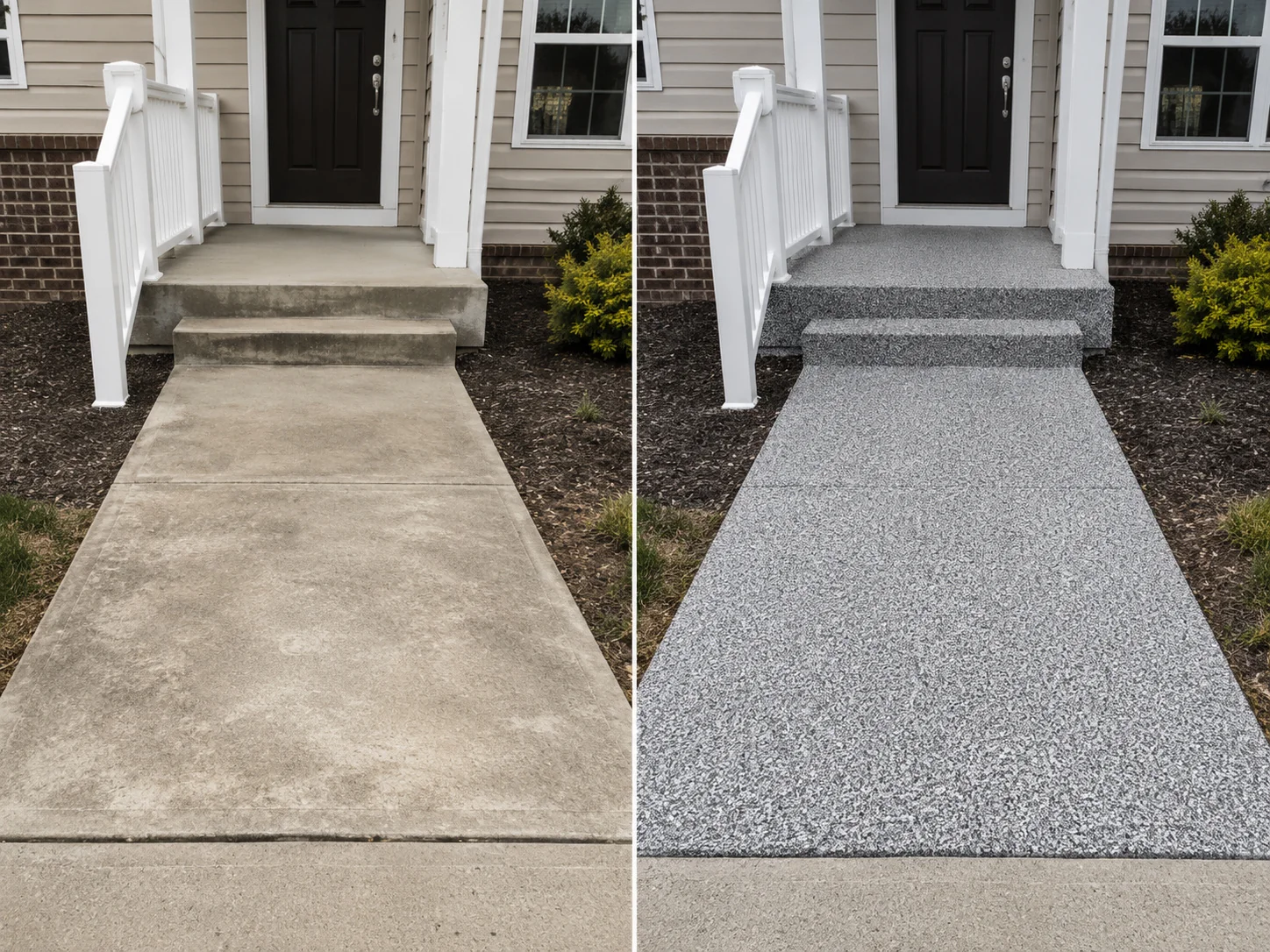 Coralville front porch and entry coordinated with a gray charcoal and black decorative flake coating