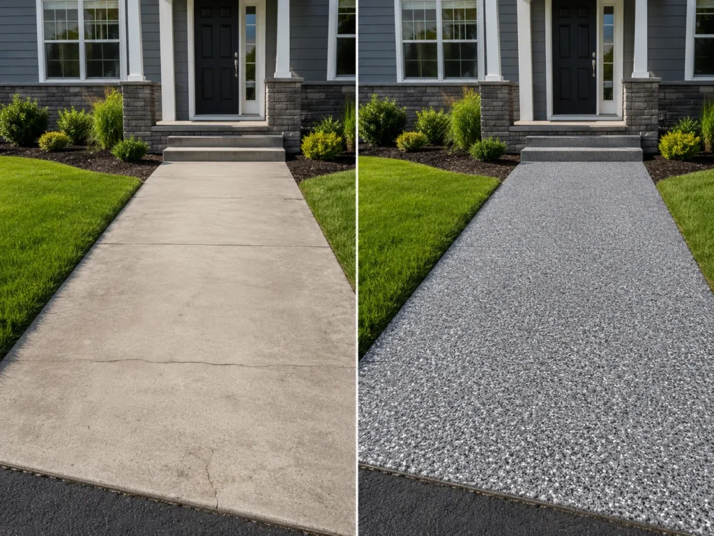 Coralville sidewalk finished with charcoal gray decorative flake concrete coating