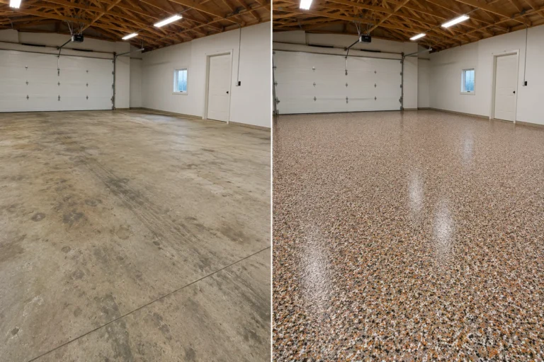 Orange black white and gray decorative flake shop floor coating in Coralville Iowa